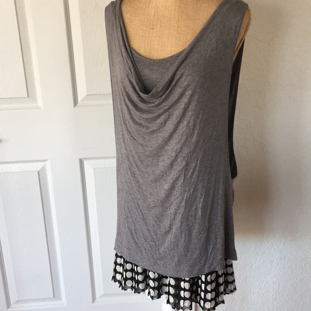 BCBG Grey cute Dress Petite size L w/polka dot hem